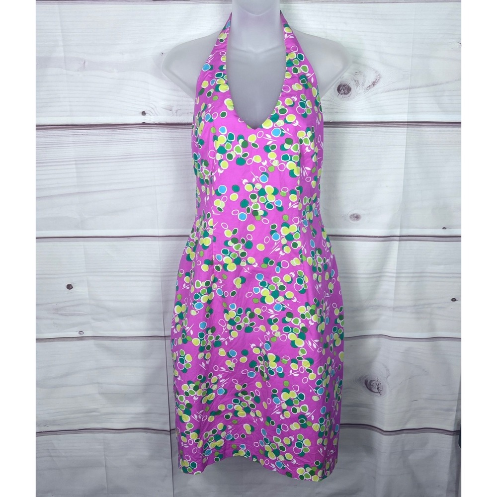 David Meister Dress Womens 6 Pink Dot Print Sheath Halter Neck Tie Back Stretch‎
